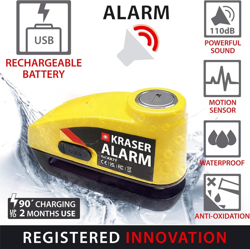 KRASER KR7Y Motorcycle Lock Disc Alarm USB Rechargeable Battery, 110dB Motion Sensors, Waterproof Resistant Visible, Pressure Lock 7 mm with Accessories, Anti-Theft Motorcycle Caliper Brake Disc Dust tight seal - Image 3
