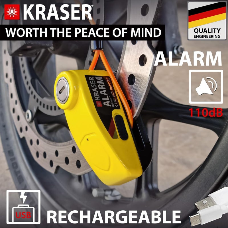 KRASER KR7Y Motorcycle Lock Disc Alarm USB Rechargeable Battery, 110dB Motion Sensors, Waterproof Resistant Visible, Pressure Lock 7 mm with Accessories, Anti-Theft Motorcycle Caliper Brake Disc Dust tight seal - Image 2