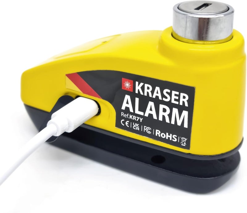 KRASER KR7Y Motorcycle Lock Disc Alarm USB Rechargeable Battery, 110dB Motion Sensors, Waterproof Resistant Visible, Pressure Lock 7 mm with Accessories, Anti-Theft Motorcycle Caliper Brake Disc Dust tight seal - Image 1