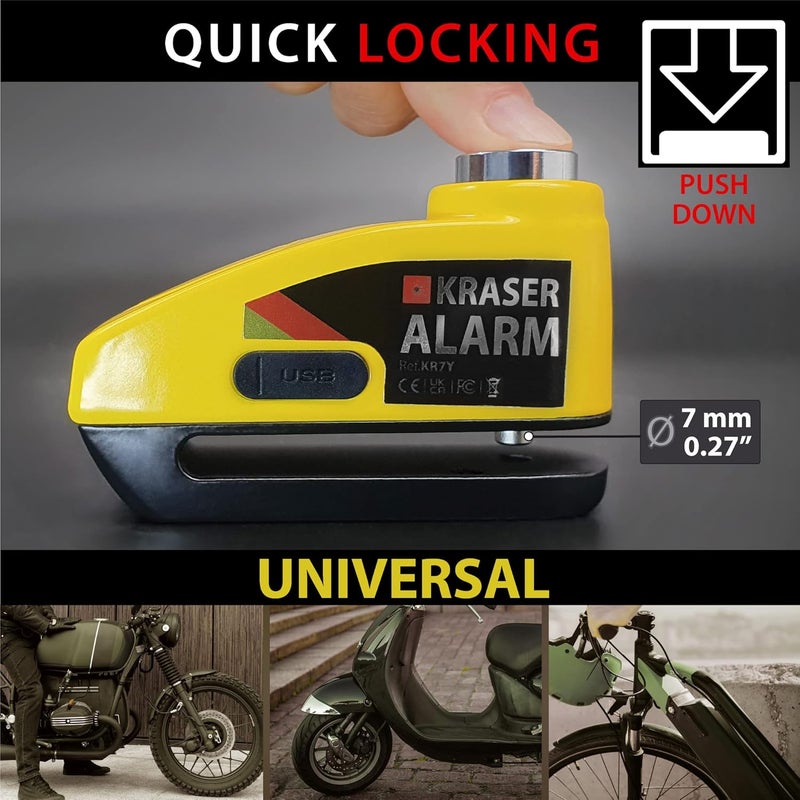 KRASER KR7Y Motorcycle Lock Disc Alarm USB Rechargeable Battery, 110dB Motion Sensors, Waterproof Resistant Visible, Pressure Lock 7 mm with Accessories, Anti-Theft Motorcycle Caliper Brake Disc Dust tight seal - Image 5