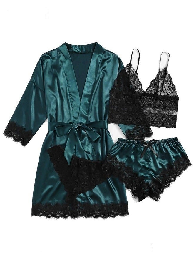 4 Pack Women's Nightwear Set Silk Satin Sleepwear Pajama Summer Home Wearing Clothes Suits Embroidered Breathable Ladies Lingerie Robe Nightdress Underwear Panties - Image 2