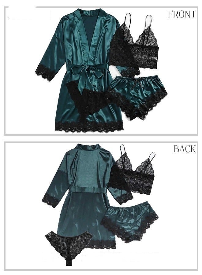 4 Pack Women's Nightwear Set Silk Satin Sleepwear Pajama Summer Home Wearing Clothes Suits Embroidered Breathable Ladies Lingerie Robe Nightdress Underwear Panties - Image 4