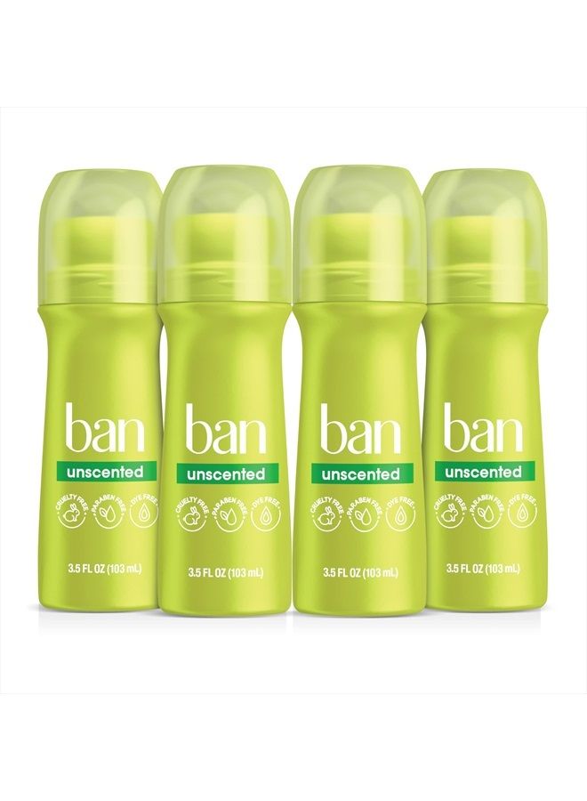Ban مضاد تعرق غير معطر يدوم 24 ساعة، 3.5 أونصة رول-أون مزيل عرق للنساء والرجال، حماية من رطوبة الإبط، مع مكونات مكافحة الروائح، 3.5 أونصة سائلة (عبوة من 4) - Image 1