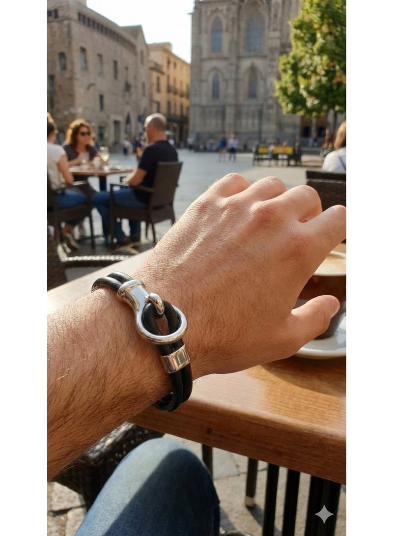 أتش أف أيه سوار رجالي من الجلد الطبيعي المزدوج بلون أسود ملكي مع قفل "خطاف" فضي مصقول - تصميم عصري فاخر يناسب جميع المناسبات - Image 1