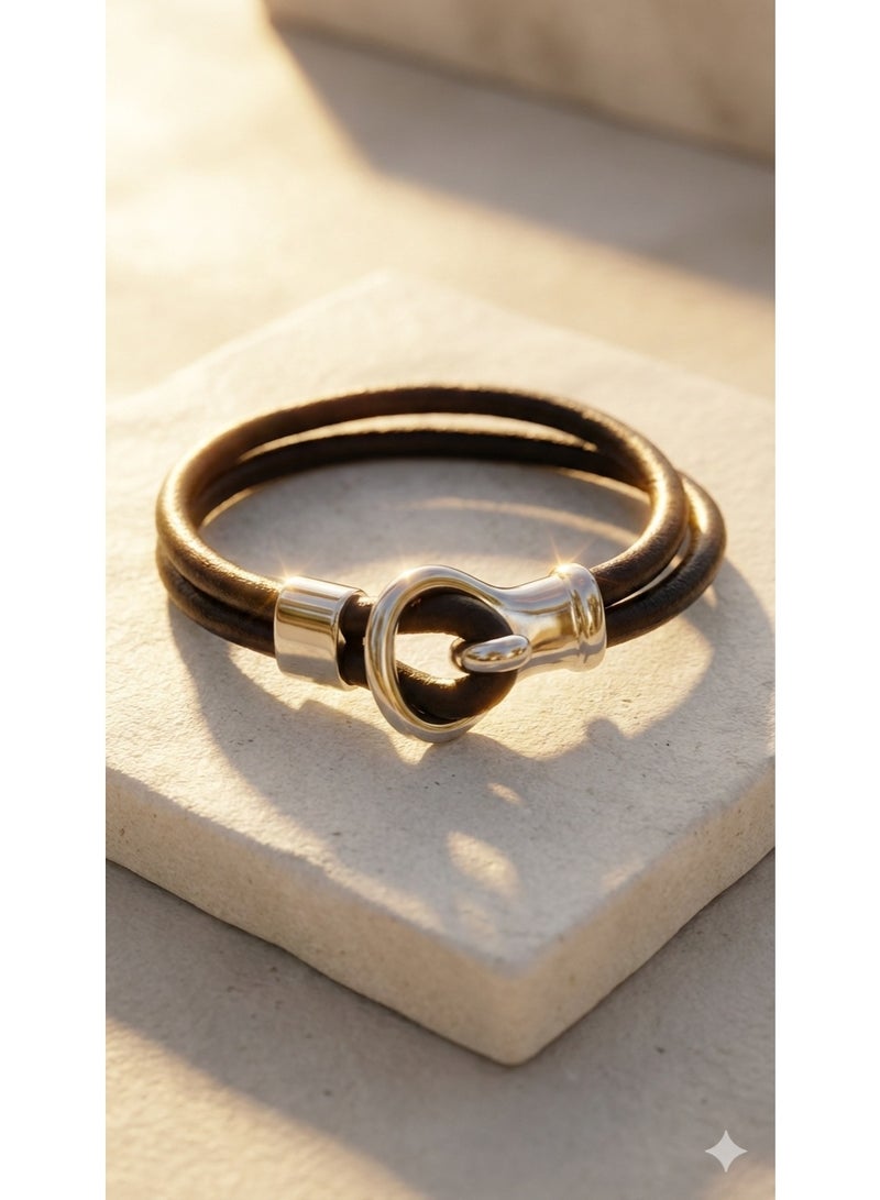 أتش أف أيه سوار رجالي من الجلد الطبيعي المزدوج بلون أسود ملكي مع قفل "خطاف" فضي مصقول - تصميم عصري فاخر يناسب جميع المناسبات - Image 2