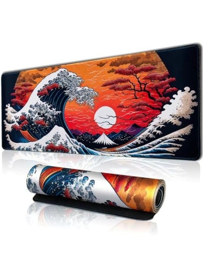 كاست ويف ماوس باد الألعاب الكبير بتصميم الأمواج اليابانية، مقاس 31.5×11.8 بوصة، حواف مخيطة، سطح مقاوم للماء، قاعدة مطاطية مانعة للانزلاق، مناسب للكيبورد والماوس - Image 1