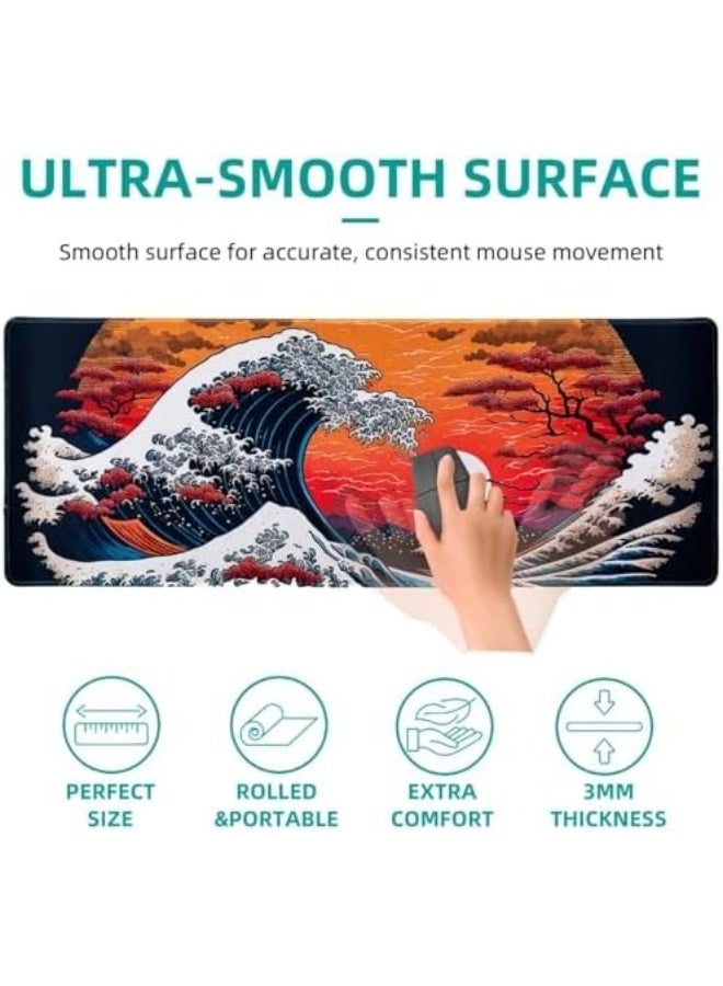 كاست ويف ماوس باد الألعاب الكبير بتصميم الأمواج اليابانية، مقاس 31.5×11.8 بوصة، حواف مخيطة، سطح مقاوم للماء، قاعدة مطاطية مانعة للانزلاق، مناسب للكيبورد والماوس - Image 4