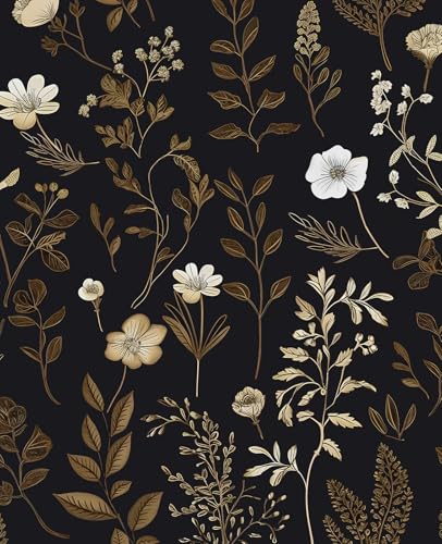 VOLEAAR Vintage Dark Floral Wallpaper, Moody Black Leaf Botanical Removable Contact Paper for Bedroom Bathroom Drawer, Boho Floral Self Adhesive Wall Paper Brown Taupe Flower Wall Decor 17.5" x 118" - Image 1