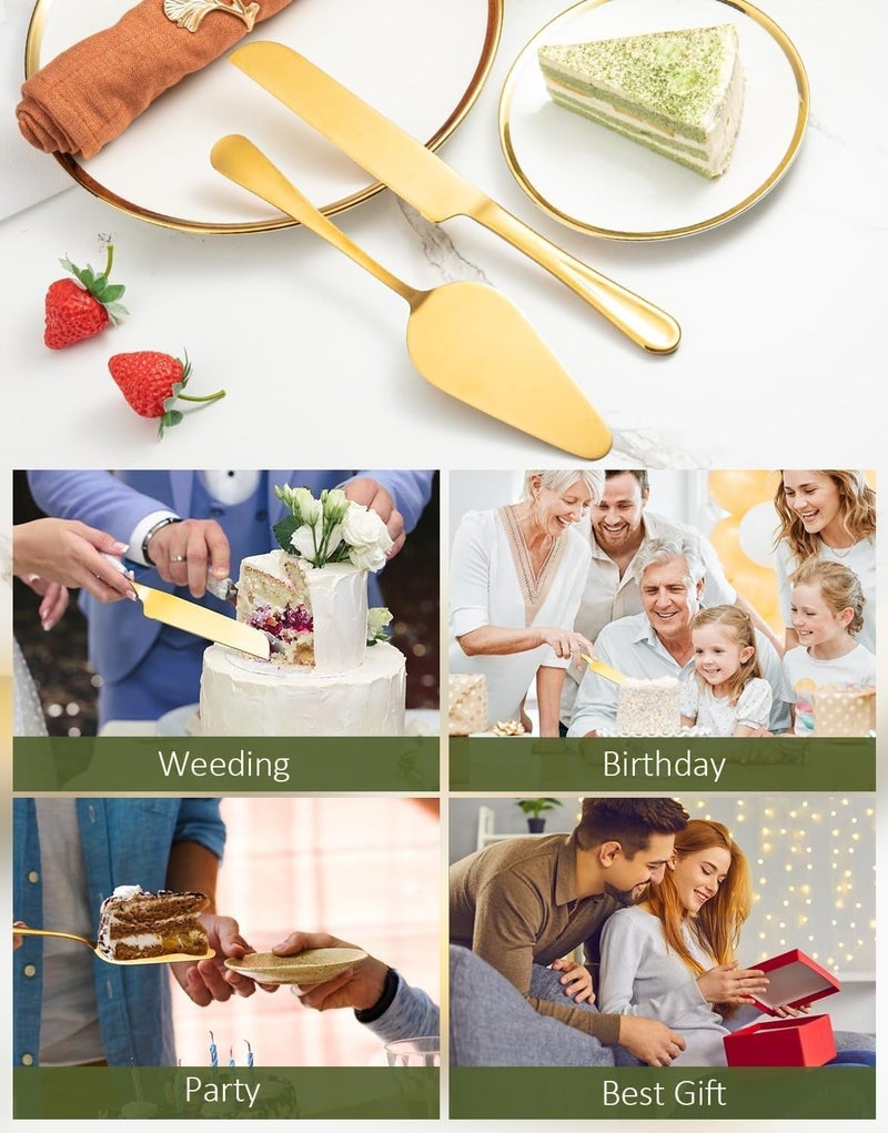 سكين كيك وملعقة فطيرة، طقم تقطيع كيك فاخر من قطعتين، سكين وملعقة رائعة بتصميم مسنن للمعجنات والبيتزا والحلويات (ذهبي) - Image 5