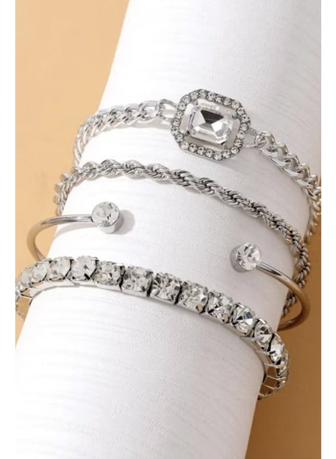 4-piece set of diamond-studded multi-layered bracelet set rectangular square diamond twisted rope chain tennis chain open bracelet ladies jewelry-silver - Image 2