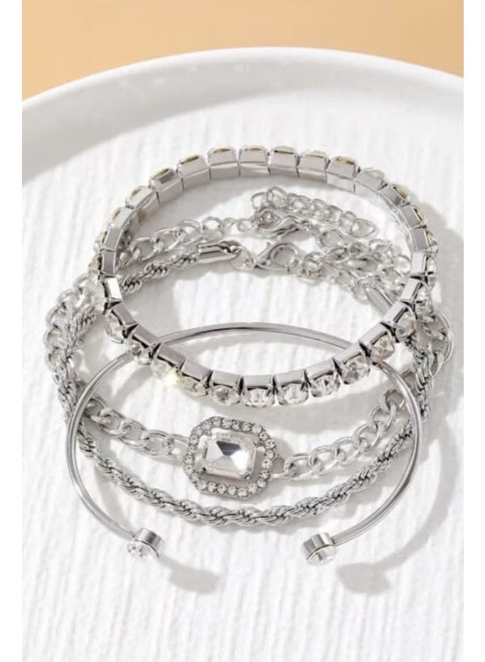 4-piece set of diamond-studded multi-layered bracelet set rectangular square diamond twisted rope chain tennis chain open bracelet ladies jewelry-silver - Image 5