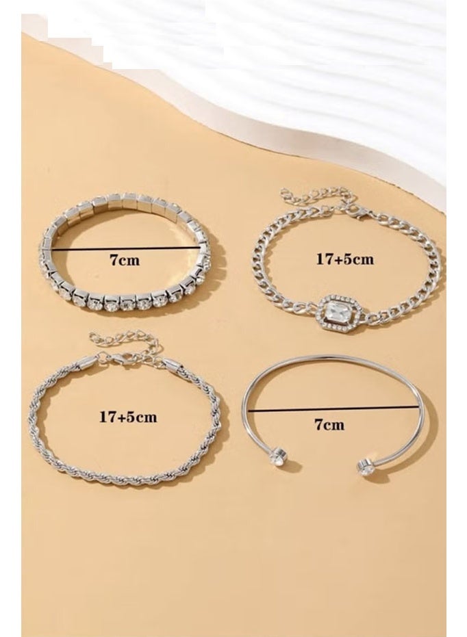 4-piece set of diamond-studded multi-layered bracelet set rectangular square diamond twisted rope chain tennis chain open bracelet ladies jewelry-silver - Image 4