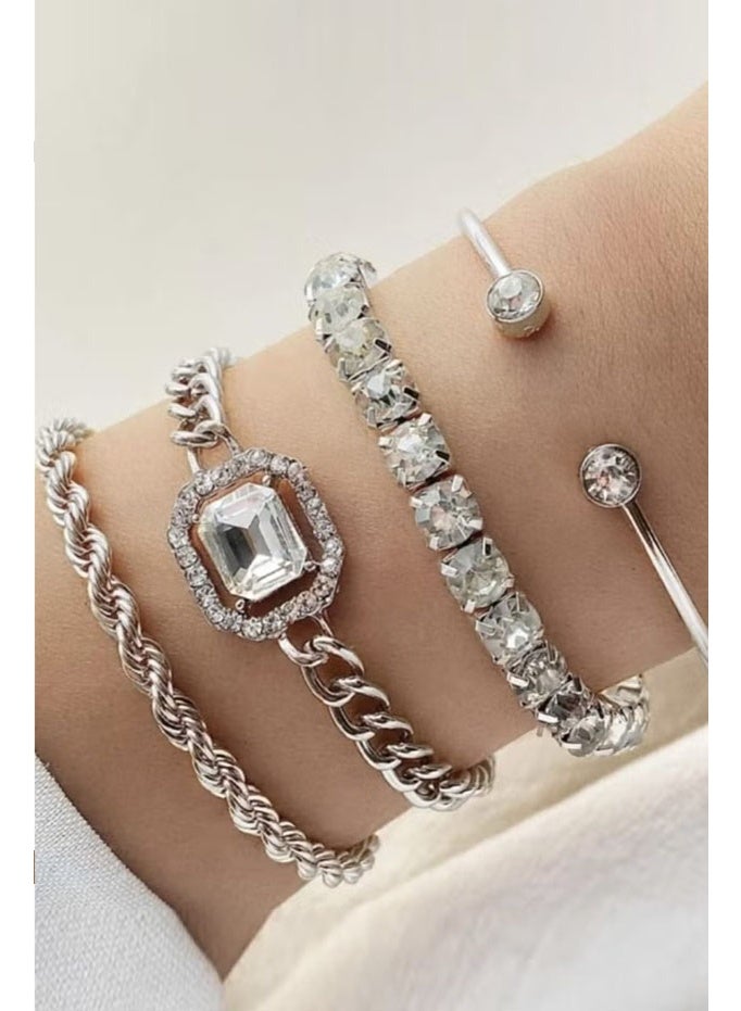 4-piece set of diamond-studded multi-layered bracelet set rectangular square diamond twisted rope chain tennis chain open bracelet ladies jewelry-silver - Image 1
