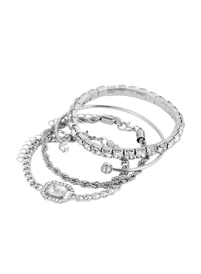 4-piece set of diamond-studded multi-layered bracelet set rectangular square diamond twisted rope chain tennis chain open bracelet ladies jewelry-silver - Image 3