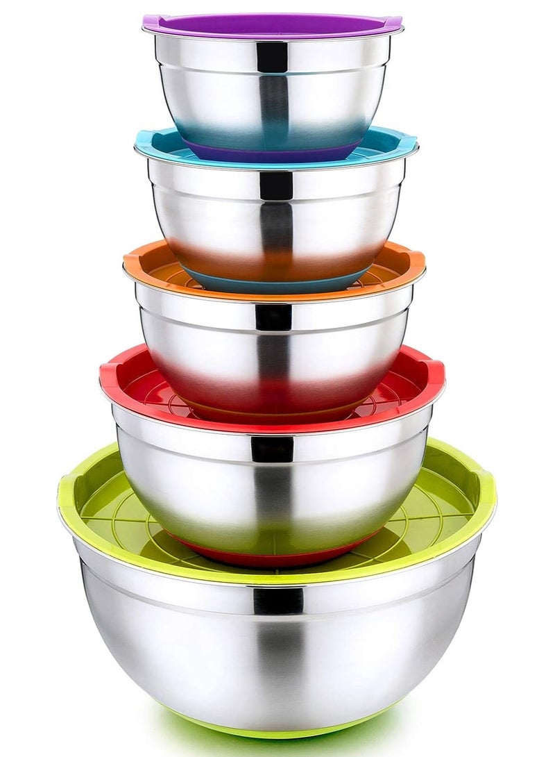 DubaiGallery Mixing Bowl, 5 Piece Stainless Steel Mixing Bowls for Baking with Multi Colored Airtight Lids & Non-Slip Silicone Base, Mixing Bowls Set with Inner Measurement, Great for Mixing & Serving - Image 1