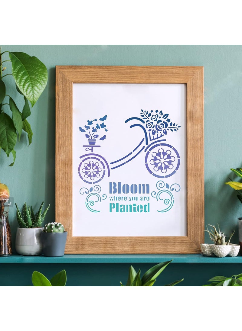 FINGERINSPIRE - FINGERINSPIRE Bicycle Stencils Decoration Template 11.8x11.8 inch Plastic Blooming Plants Stencils Square Reusable Floral Stencils for Painting on Wood, Floor, Wall and Fabric - Image 1