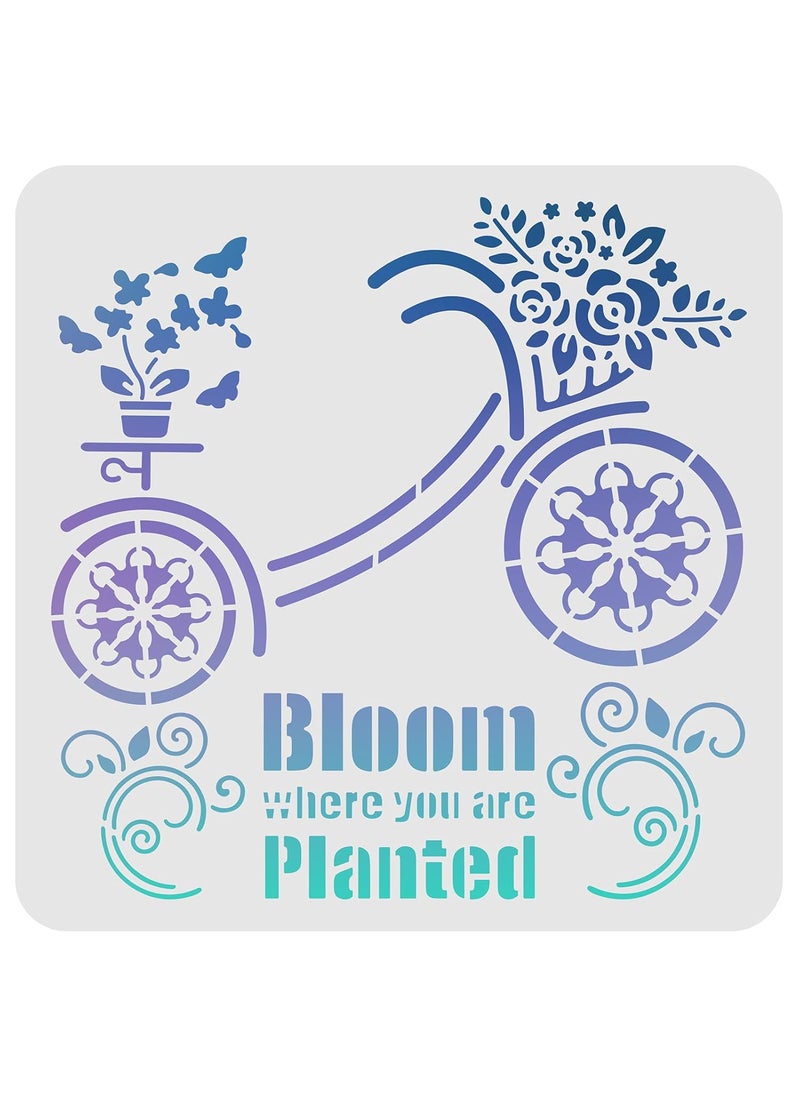 FINGERINSPIRE - FINGERINSPIRE Bicycle Stencils Decoration Template 11.8x11.8 inch Plastic Blooming Plants Stencils Square Reusable Floral Stencils for Painting on Wood, Floor, Wall and Fabric - Image 1