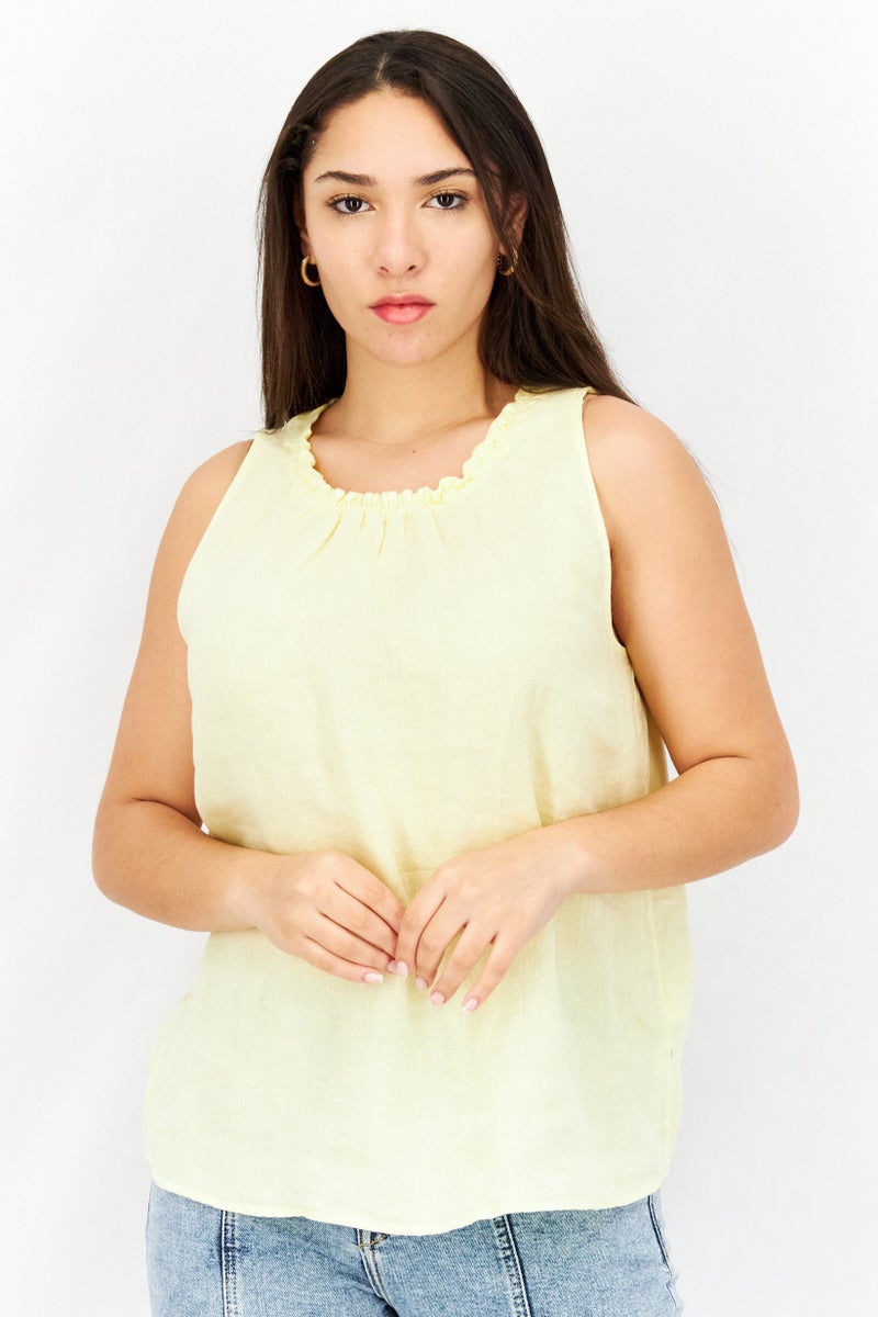 EDC Women Round Neck Sleeveless Plain Top, Yellow - Image 1