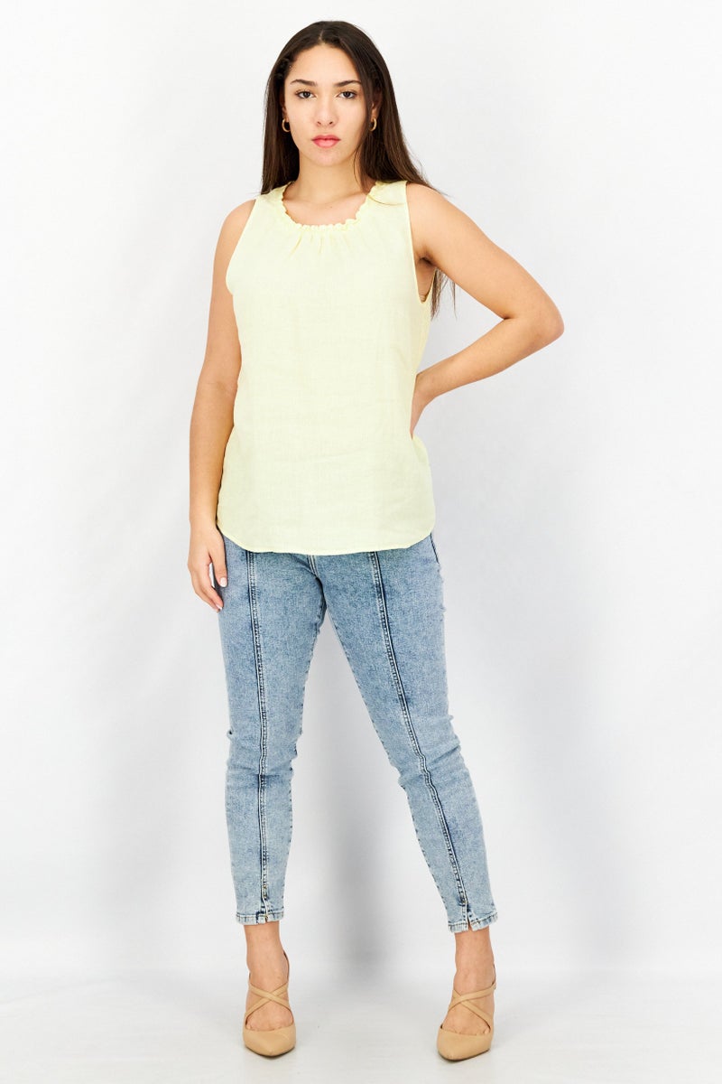 EDC Women Round Neck Sleeveless Plain Top, Yellow - Image 3