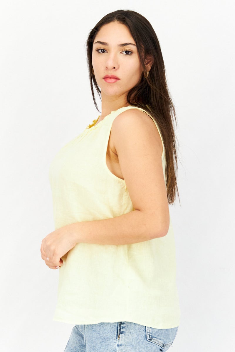 EDC Women Round Neck Sleeveless Plain Top, Yellow - Image 2