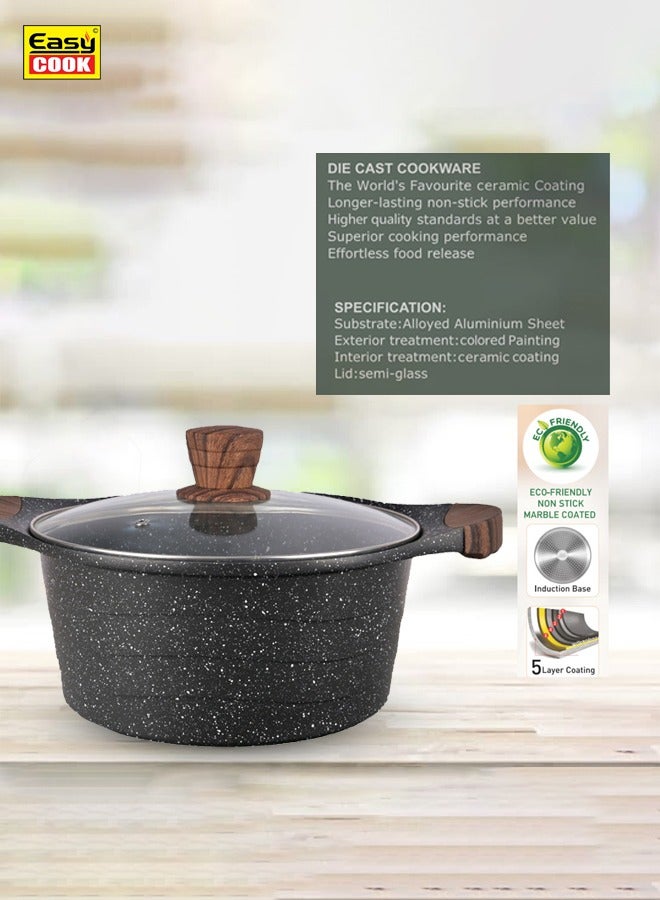 Easy Cook Die Cast Aluminium Marble Coated Casserole with Glass Lid and Wooden Knob | 5 Layer Non-stick Coating | Wooden Handle | Granite Black  - Image 2