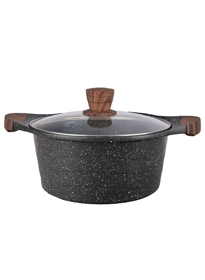 Easy Cook Die Cast Aluminium Marble Coated Casserole with Glass Lid and Wooden Knob | 5 Layer Non-stick Coating | Wooden Handle | Granite Black  - Image 1