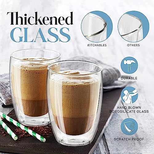 KELVEE Double Wall Thermal Insulated Glass Coffee Mugs Set of 2, Transparent Drinking Glasses Iced Tea Cups for Latte, Cappuccino, Mocha, Juice, Hot & Cold Beverages (350ml) - Image 4