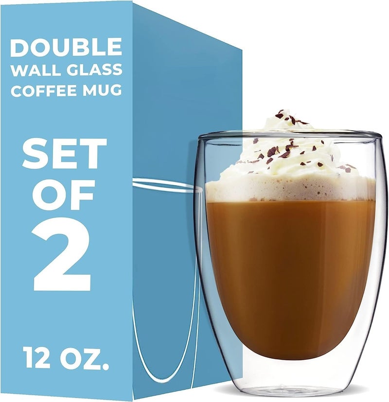 KELVEE Double Wall Thermal Insulated Glass Coffee Mugs Set of 2, Transparent Drinking Glasses Iced Tea Cups for Latte, Cappuccino, Mocha, Juice, Hot & Cold Beverages (350ml) - Image 1