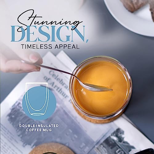 KELVEE Double Wall Thermal Insulated Glass Coffee Mugs Set of 2, Transparent Drinking Glasses Iced Tea Cups for Latte, Cappuccino, Mocha, Juice, Hot & Cold Beverages (350ml) - Image 3