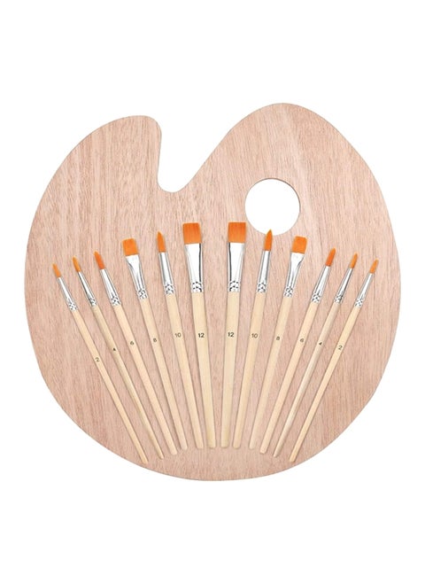 13-Piece Paint Brush And Wooden Palette Set Beige