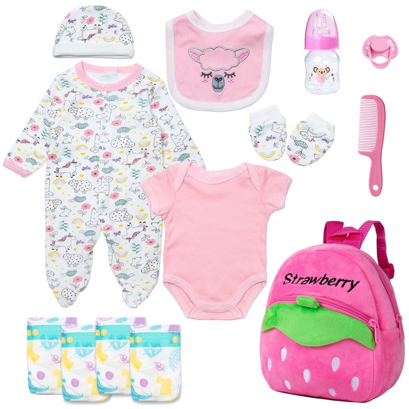 Pedolltree 13 Pcs Set Reborn Baby Dolls Clothes Girl Outfit Accessories Pink Sheep Print for 1722 Inch Reborn Dolls Newborn Girl with Pink Strawberry Backpack Diaper - Image 3