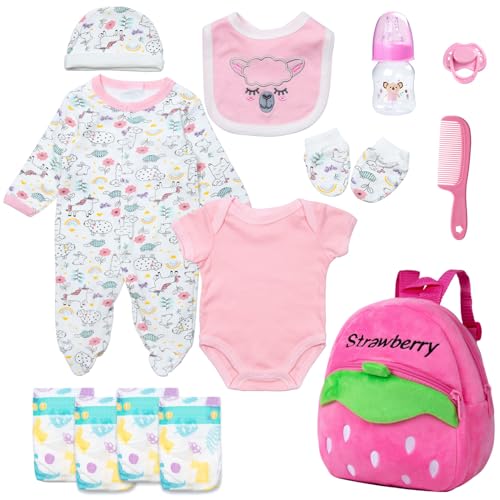 Pedolltree 13 Pcs Set Reborn Baby Dolls Clothes Girl Outfit Accessories Pink Sheep Print for 1722 Inch Reborn Dolls Newborn Girl with Pink Strawberry Backpack Diaper - Image 1