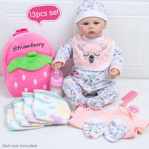 Pedolltree 13 Pcs Set Reborn Baby Dolls Clothes Girl Outfit Accessories Pink Sheep Print for 1722 Inch Reborn Dolls Newborn Girl with Pink Strawberry Backpack Diaper - Image 5