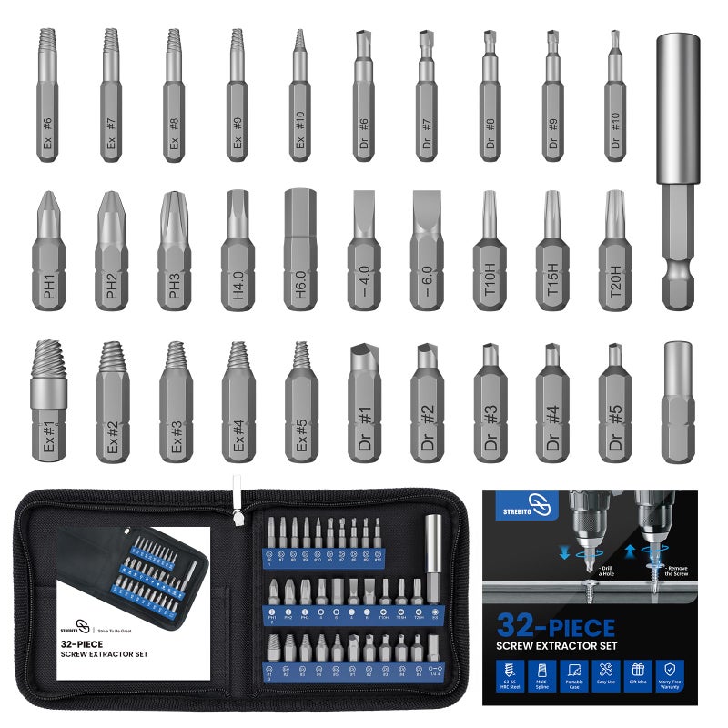 STREBITO Damaged Screw Extractor Set, 32PCS Stripped Screw Extractor with Magnetic Extension Shaft & Socket Adapter, Stripped Screws Nuts & Bolts Drill Bit Tools for Easy Removal of Rusty Broken Screw - Image 1