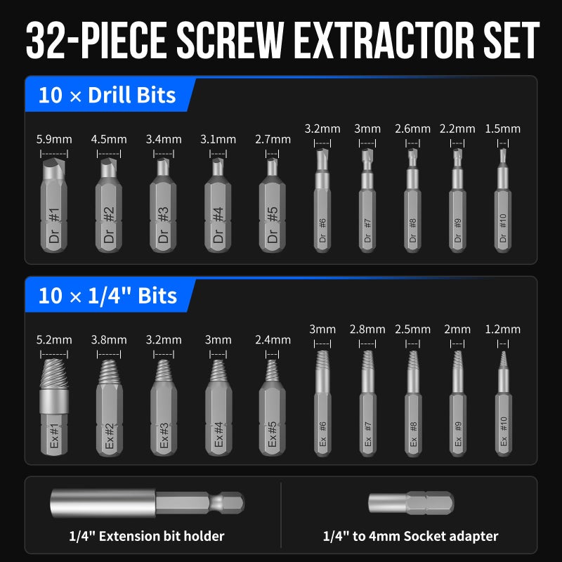STREBITO Damaged Screw Extractor Set, 32PCS Stripped Screw Extractor with Magnetic Extension Shaft & Socket Adapter, Stripped Screws Nuts & Bolts Drill Bit Tools for Easy Removal of Rusty Broken Screw - Image 4