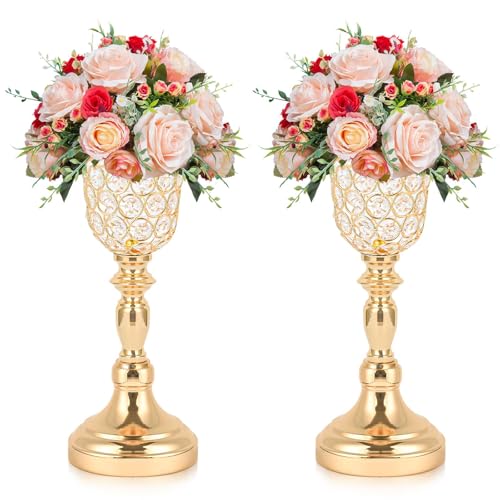 Kehail 2pcs Elegant Crystal Trumpet Metal Centerpiece Vases, Wedding Table Decoration Flower Stand Tulip Shape Decor Artificial Flower Arrangement Vase for Wedding Restaurant Vase Home Decor (Gold) - Image 1