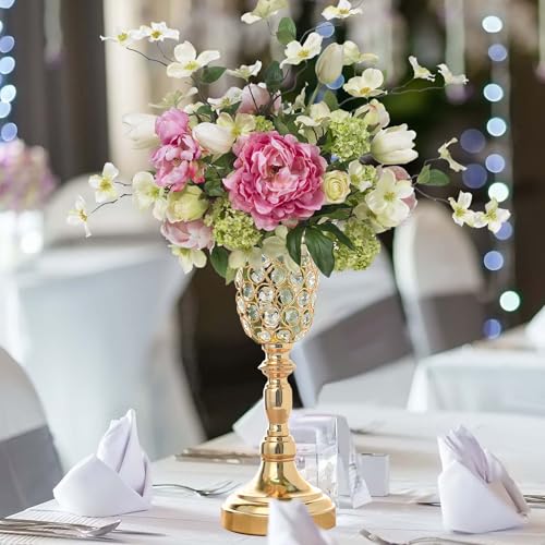 Kehail 2pcs Elegant Crystal Trumpet Metal Centerpiece Vases, Wedding Table Decoration Flower Stand Tulip Shape Decor Artificial Flower Arrangement Vase for Wedding Restaurant Vase Home Decor (Gold) - Image 2
