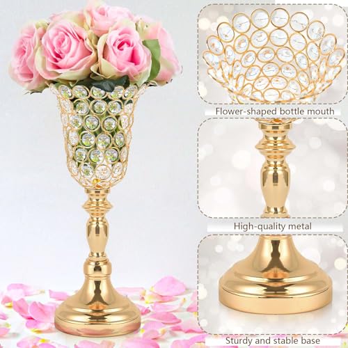 Kehail 2pcs Elegant Crystal Trumpet Metal Centerpiece Vases, Wedding Table Decoration Flower Stand Tulip Shape Decor Artificial Flower Arrangement Vase for Wedding Restaurant Vase Home Decor (Gold) - Image 4