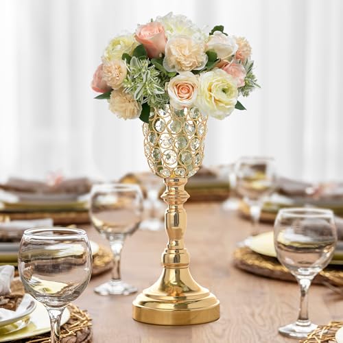 Kehail 2pcs Elegant Crystal Trumpet Metal Centerpiece Vases, Wedding Table Decoration Flower Stand Tulip Shape Decor Artificial Flower Arrangement Vase for Wedding Restaurant Vase Home Decor (Gold) - Image 5