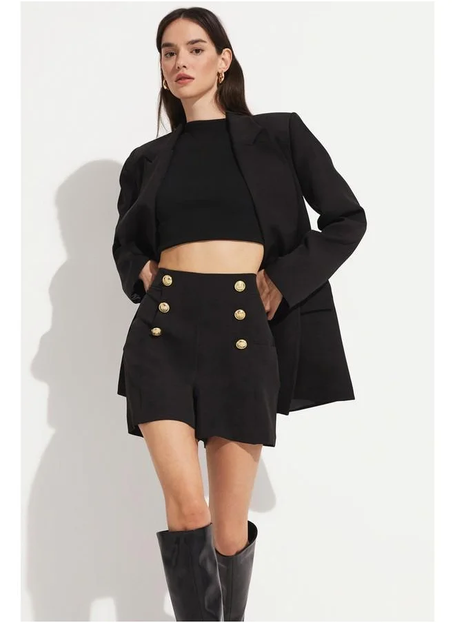 جون June Women's Exclusive Regular Fit High Waist Button Detailed Woven Shorts
