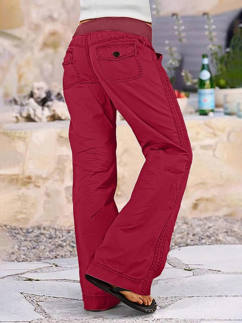 Flamingals Straight Leg Pants for Women Drawstring Waist Mid Rise Casual Solid Seam Detail Pants Burgundy XS - Image 2