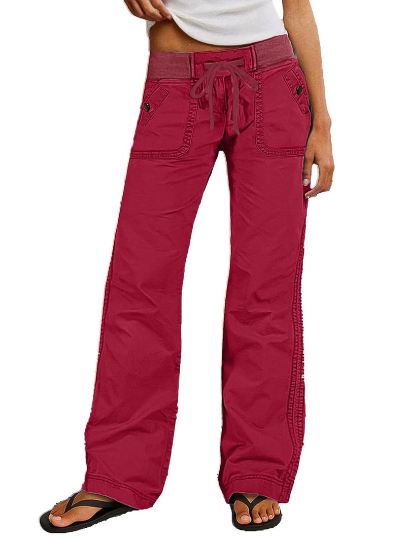 Flamingals Straight Leg Pants for Women Drawstring Waist Mid Rise Casual Solid Seam Detail Pants Burgundy XS - Image 1