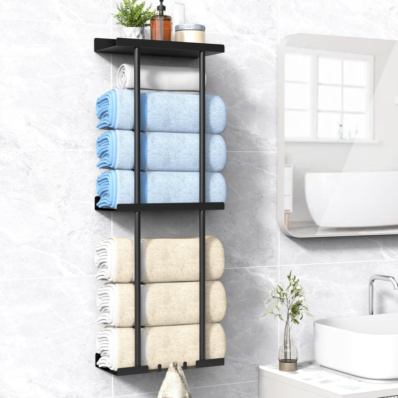 Liuoud Towel Rack for Bathroom, Wall Mounted Vertical Rolled Towel Storage Organizer Holder with Shelf, Holds Up 6 Large Bath Sheets, Black Large Size - Image 1