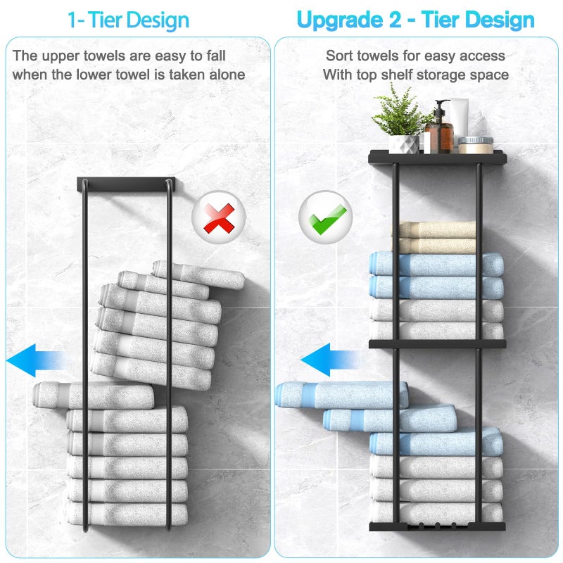 Liuoud Towel Rack for Bathroom, Wall Mounted Vertical Rolled Towel Storage Organizer Holder with Shelf, Holds Up 6 Large Bath Sheets, Black Large Size - Image 5