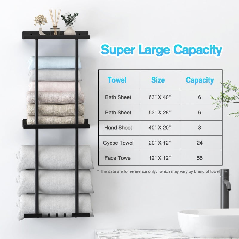 Liuoud Towel Rack for Bathroom, Wall Mounted Vertical Rolled Towel Storage Organizer Holder with Shelf, Holds Up 6 Large Bath Sheets, Black Large Size - Image 3