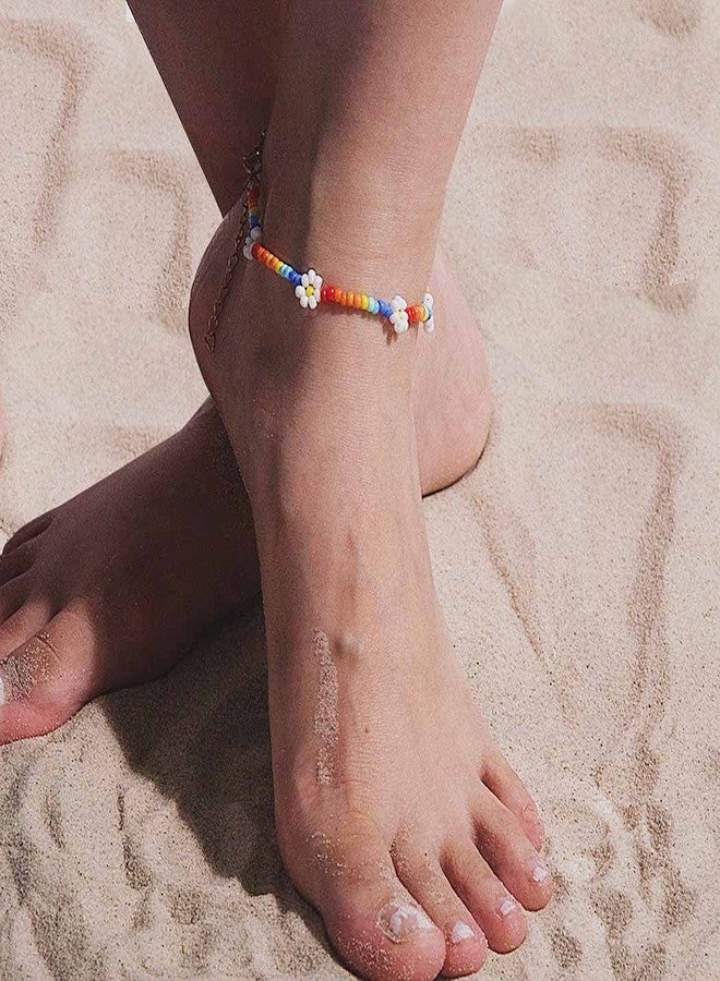 Obmyec Flower Handmade Beaded Anklet Colored Daisy Foot Chain Rice Beads Ankle Bracelet Extension Ankle Accessories Summer Beach Foot Chain Jewelry for Women - Image 5