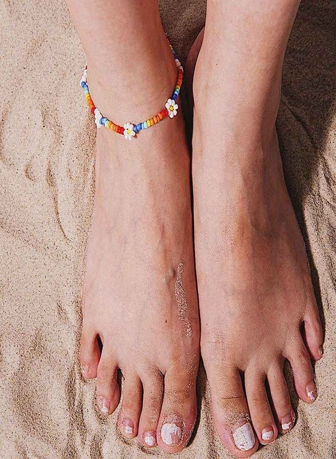 Obmyec Flower Handmade Beaded Anklet Colored Daisy Foot Chain Rice Beads Ankle Bracelet Extension Ankle Accessories Summer Beach Foot Chain Jewelry for Women - Image 2