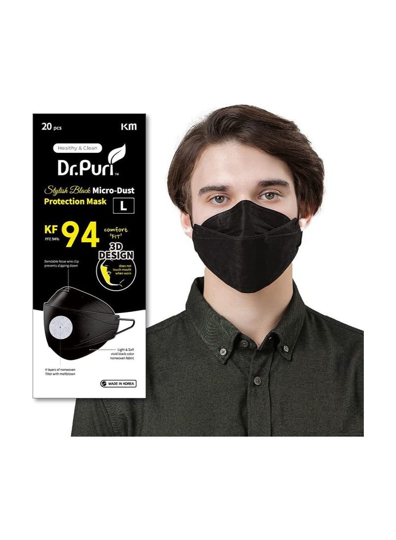 Dr. Puri 20 PCS Pack Dr. Puri KF94 New Micro-Dust Protection Face Mask - Black, Made in Korea - Image 1