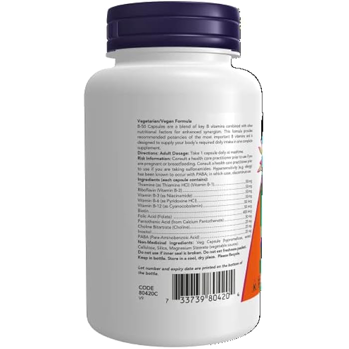 NOW Vitamin B-50 mg,100 Veg Capsules - Image 3