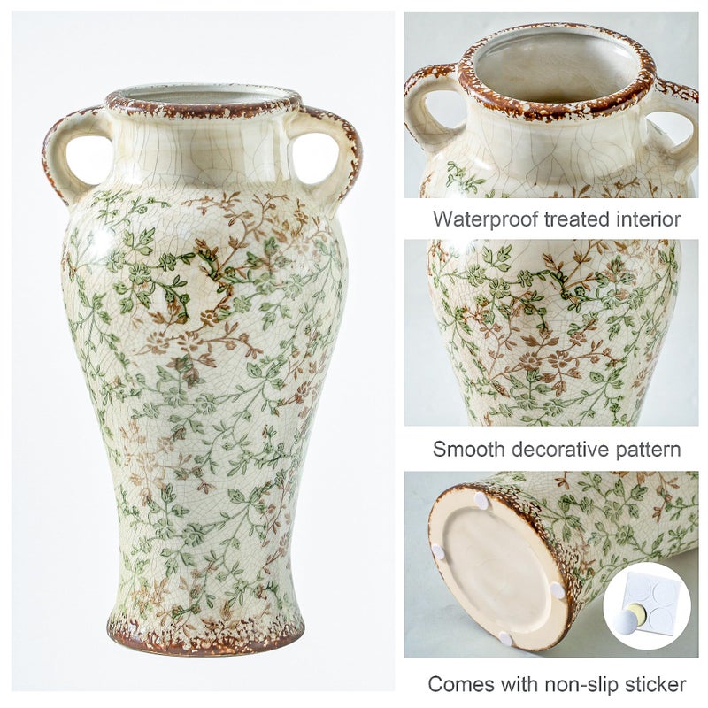Enra Vintage vase,7.8 Inch Green and Beige Ceramic Decorative Flower vase, Chinoiserie Floral Vase,Large Rustic Vases for Home Decors, Living Room, Bookshelf, Office - Image 3